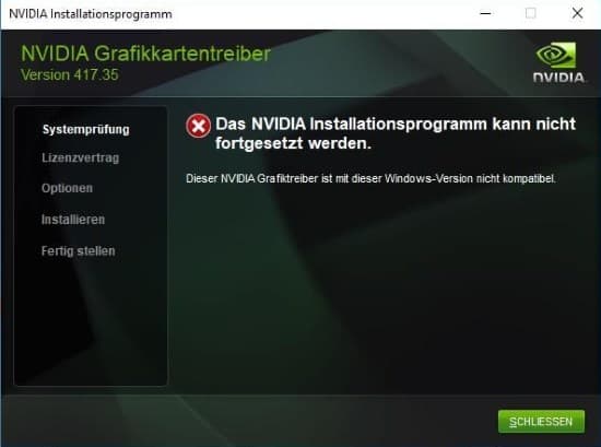 Dieser NVIDIA Grafiktreiber ist mit dieser Windows-Version nicht kompatibel